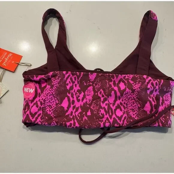 Maaji Size Medium Reversible Burgundy Animal Print Lace Up Swim Top - Picture 11 of 11